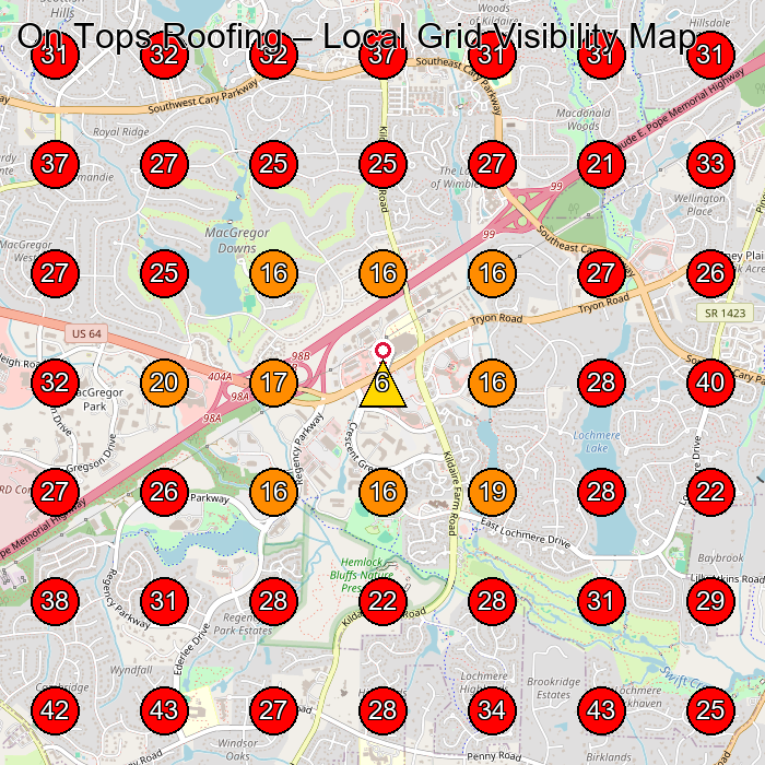 On Tops Roofing GeoGrid visibility map for Roofing Contractor in Cary